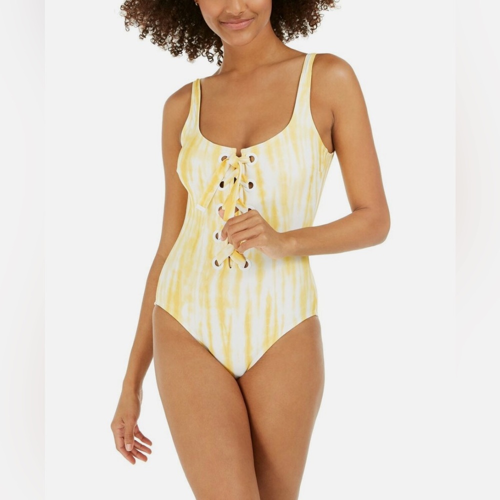 Michael Kors Yellow Tie-Dye Lace-Up Swimsuit 8